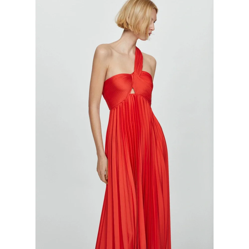 MANGO Red Pleated Front Knot Maxi Dress NWT Wedding Guest Formal
